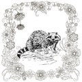 Badger in floral frame sketch. Art design ink hand drawn monochrome art design stock vector illustration